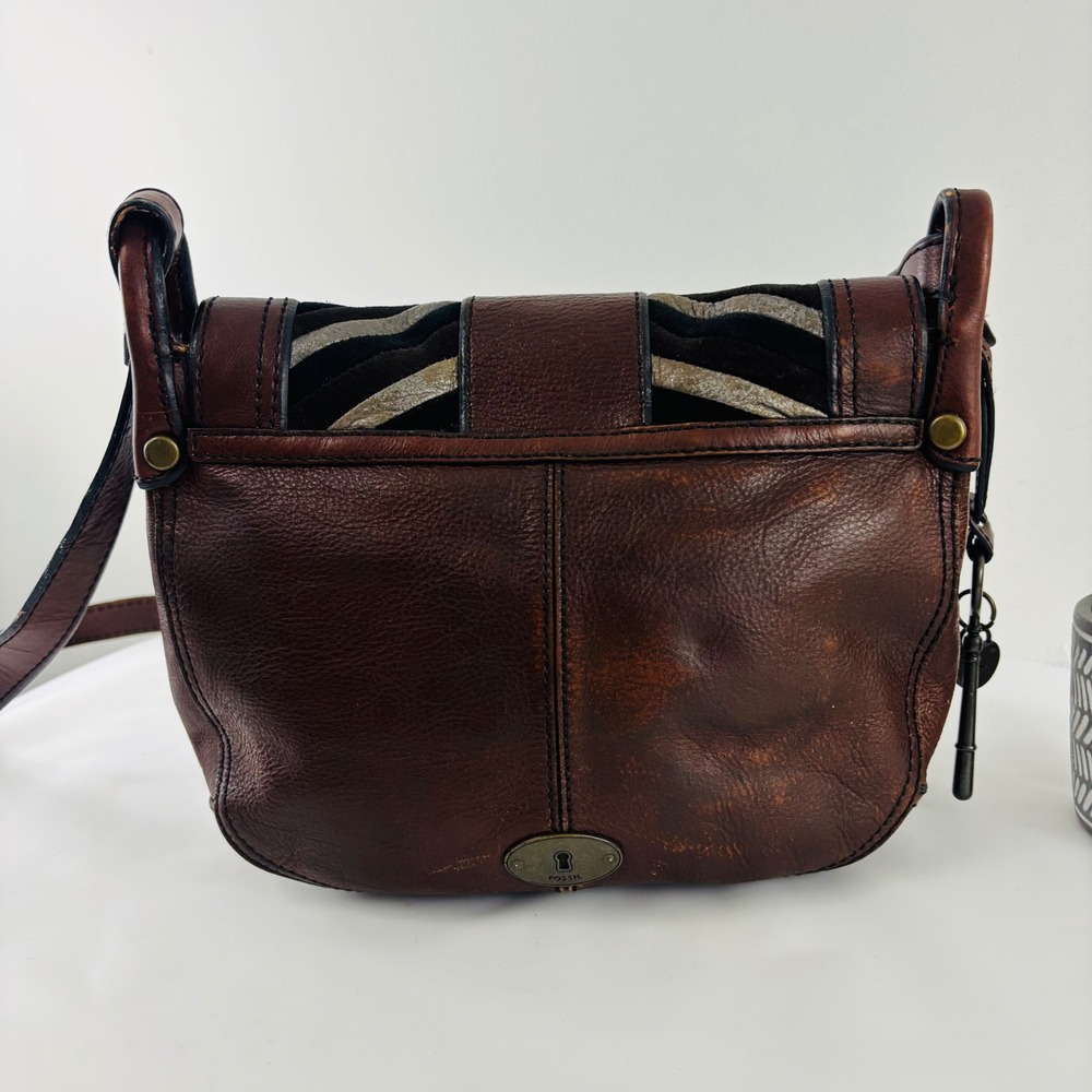 Fossil Reissue Saddle Flap Brown Leather Mixed Media Chevron Crossbody Bag Key - Picture 4 of 13